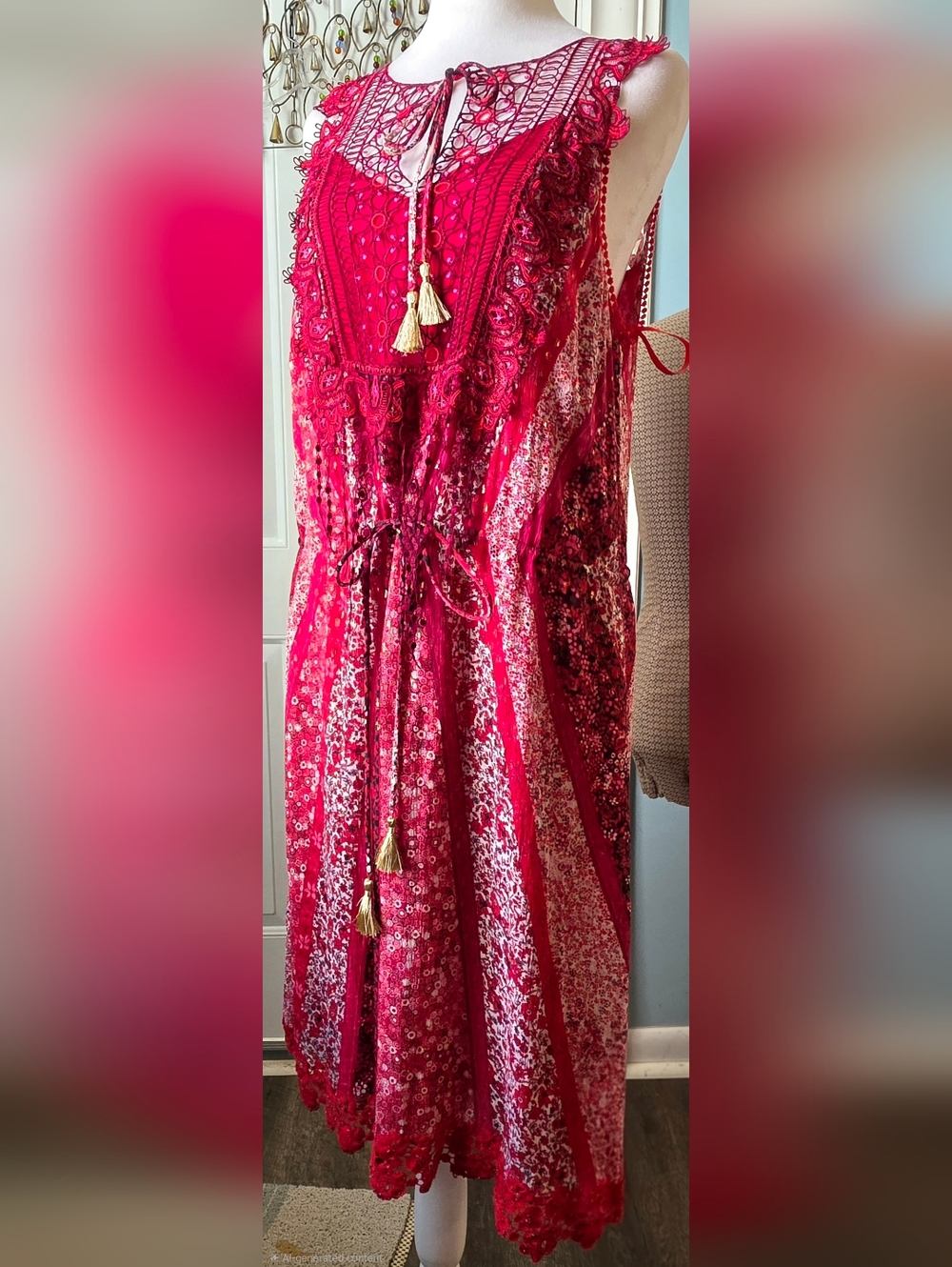 Elie Tahari Redwood McKenna Silk  Midi Dress Womens 8 Red Floral Boho Tassels - Picture 2 of 15